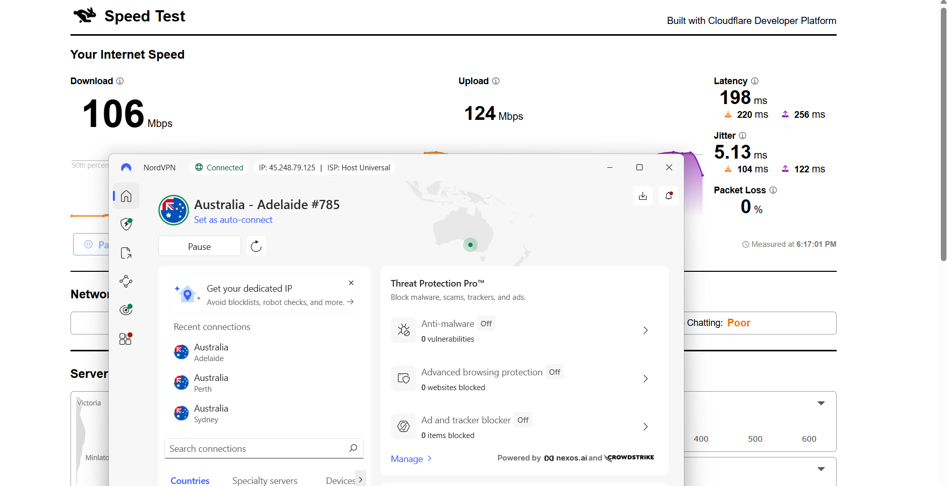 NordVPN speed test results on Windows connected to Adelaide server over WiFi showing download, upload, latency, and jitter performance