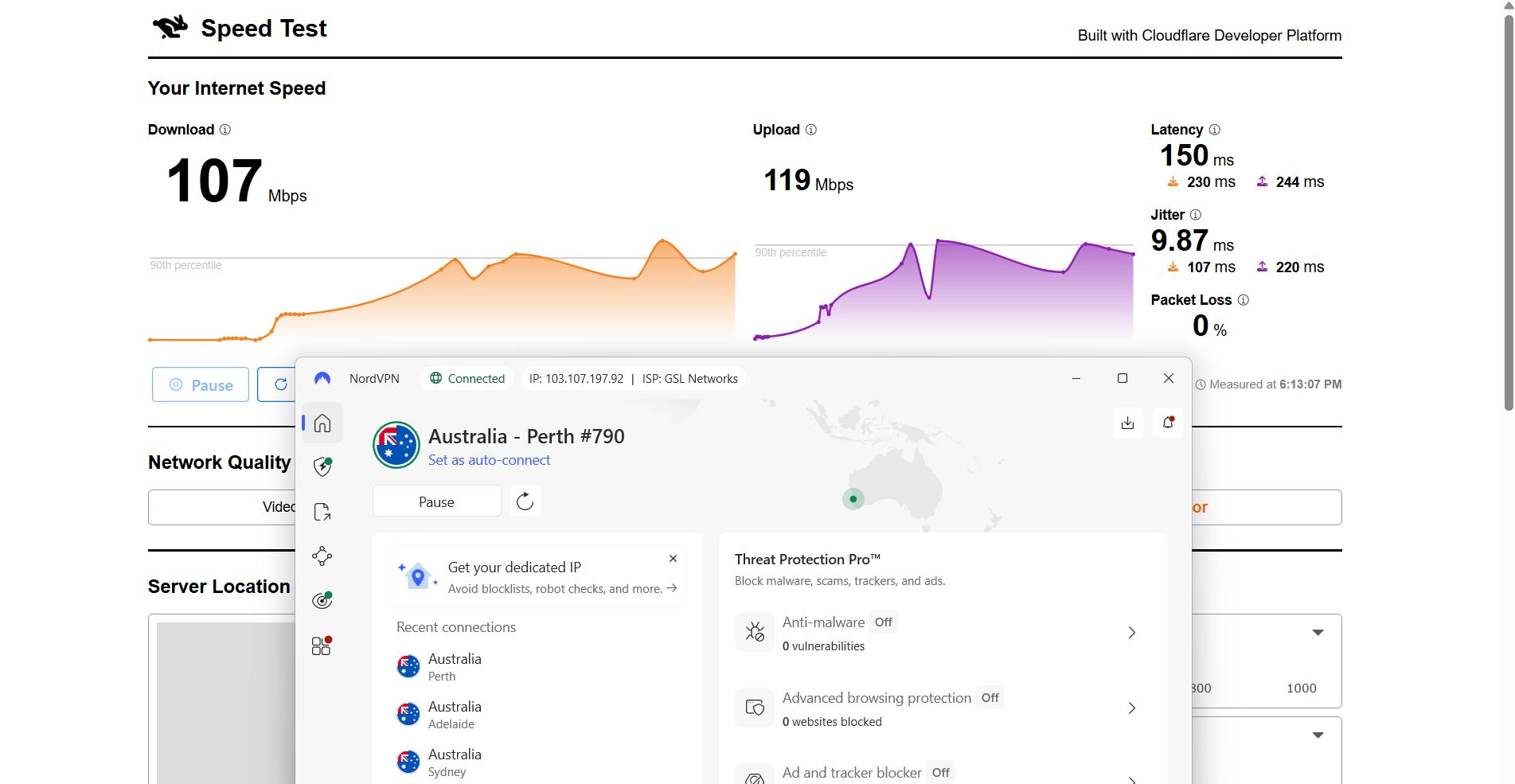 NordVPN speed test results on Windows connected to Perth server over WiFi showing download, upload, latency, and jitter performance