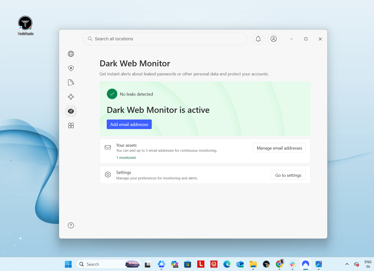 NordVPN Windows Dark Web Monitor interface, April 2026, showing active monitoring with no leaks detected and option to add up to five email addresses.