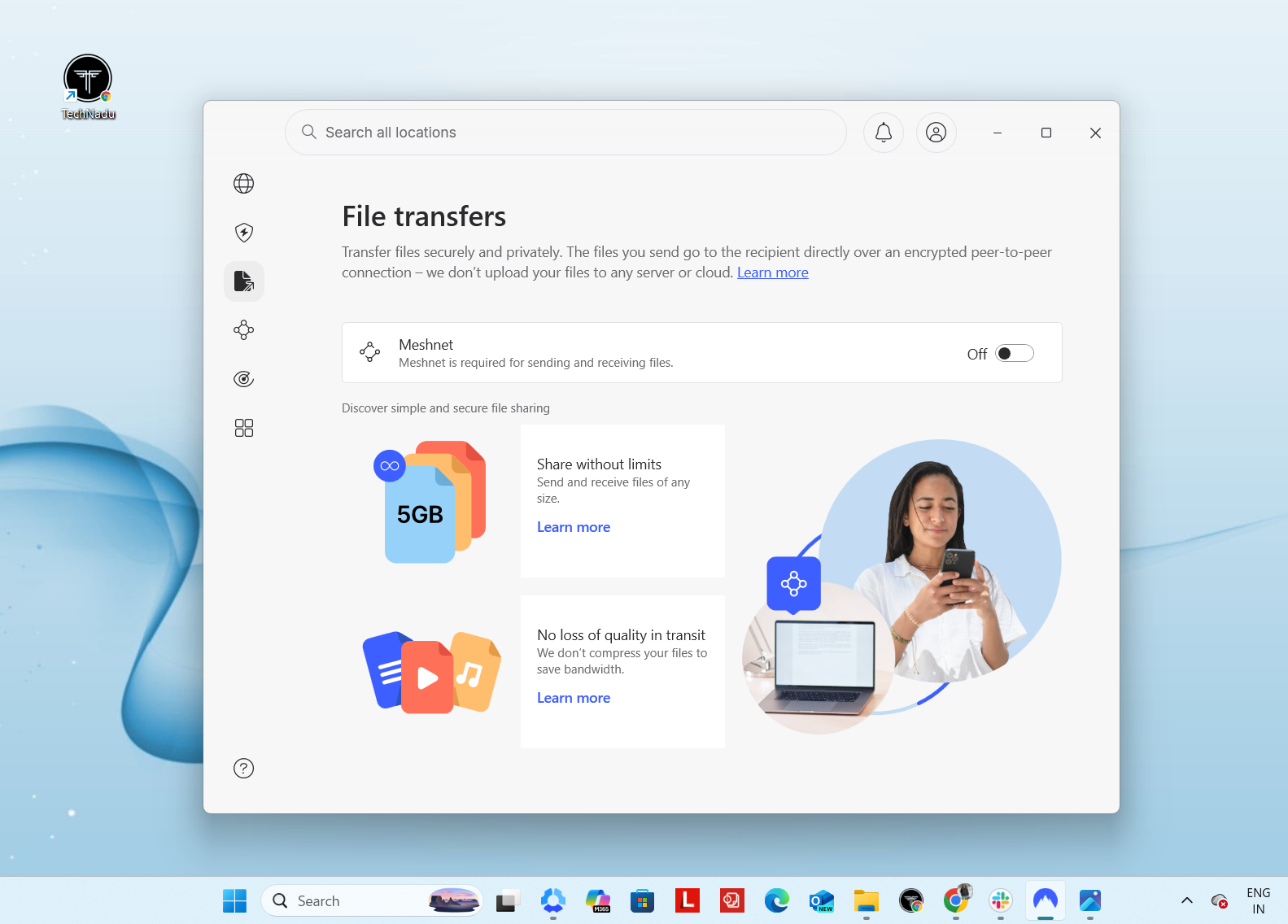 NordVPN Windows file transfer window, April 2026, highlighting encrypted peer‑to‑peer sharing, unlimited file size support, and Meshnet requirement.