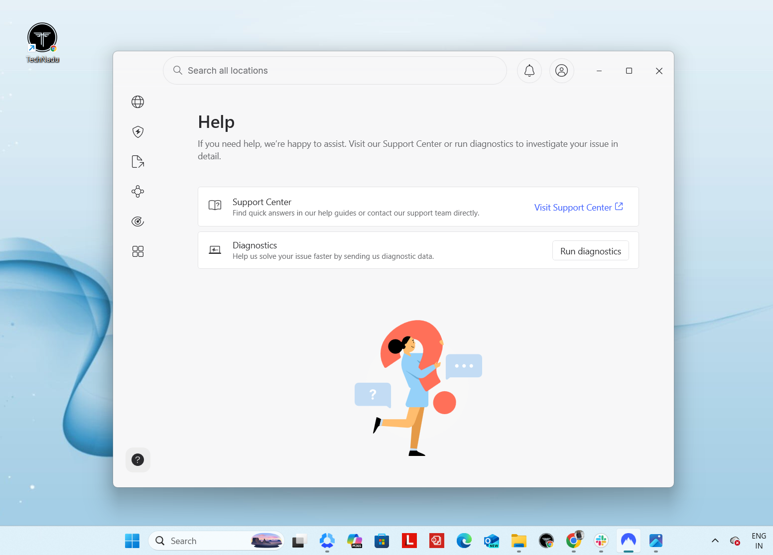 NordVPN Windows Help window, April 2026, offering quick access to the Support Center and Diagnostics tools for troubleshooting.