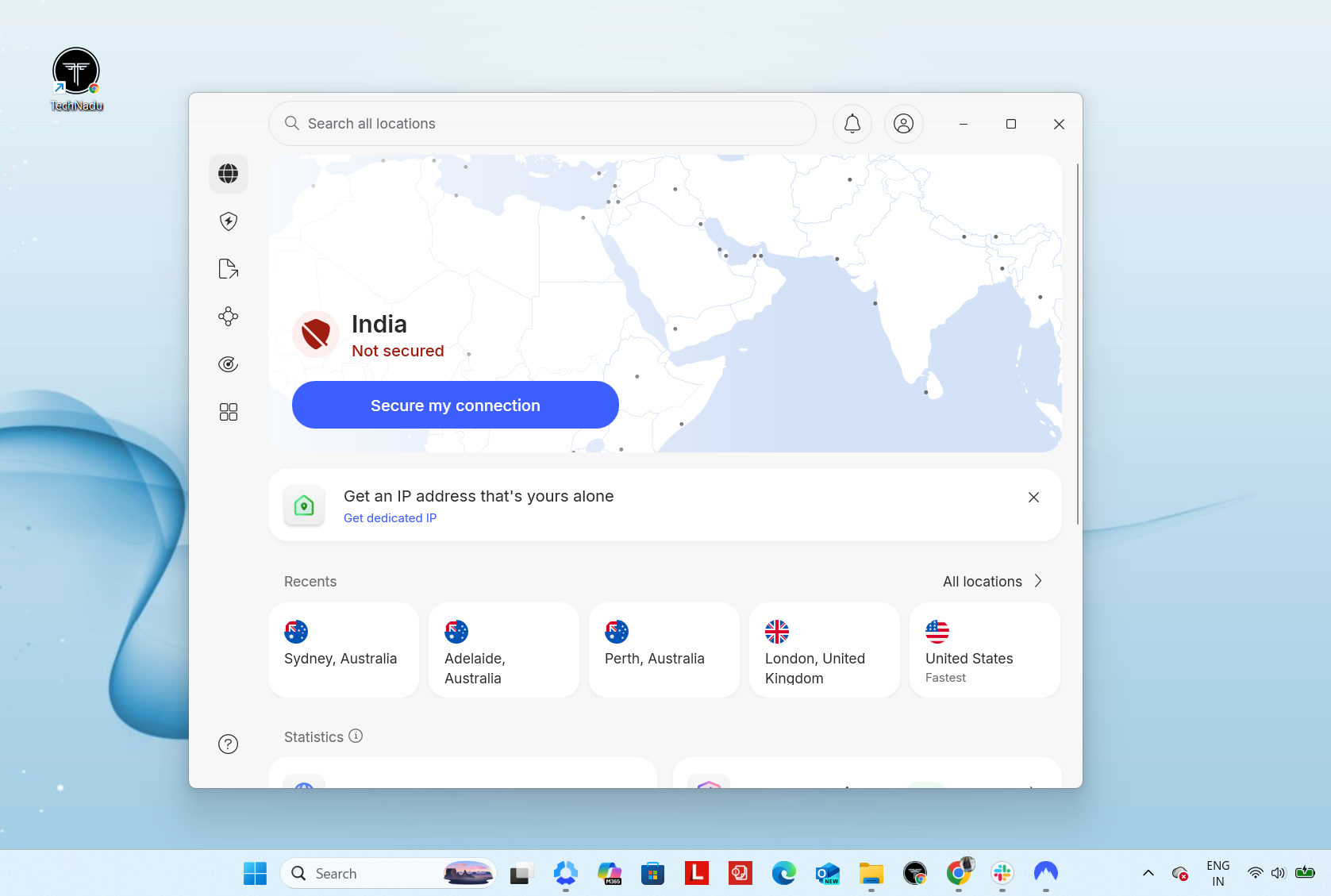 NordVPN Windows VPN dashboard, April 2026, showing India connection marked as unsecured with a button to secure and a list of recent server locations.