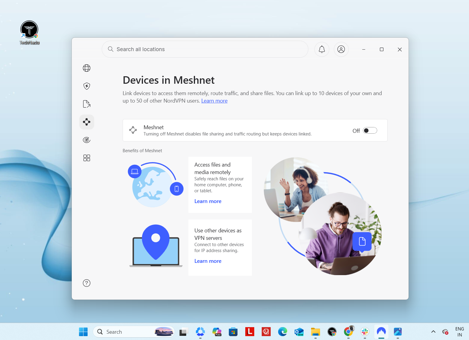 Windows NordVPN Meshnet settings page, April 2026, showing device linking options, remote access features, and toggle to enable or disable Meshnet.