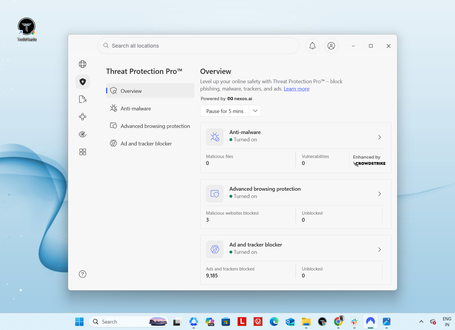 NordVPN Windows Threat Protection Pro overview, April 2026, displaying active anti‑malware, browsing protection, and ad‑blocker statistics powered by nexos.ai and CrowdStrike.