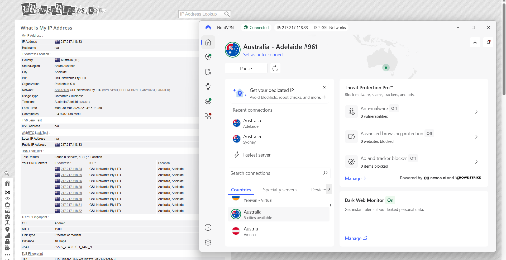 NordVPN IP, DNS, and WebRTC leak test results on Windows connected to Adelaide server over WiFi showing no leaks detected