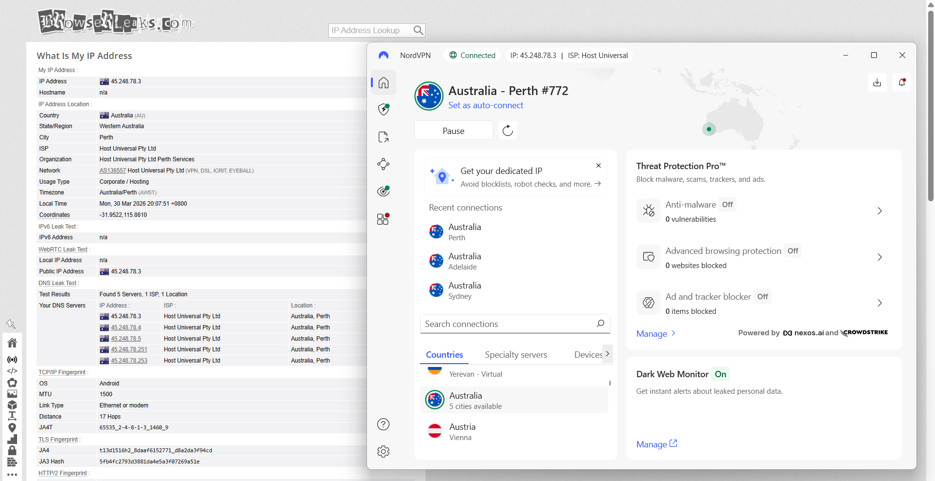 NordVPN IP, DNS, and WebRTC leak test results on Windows connected to Perth server over WiFi showing no leaks detected