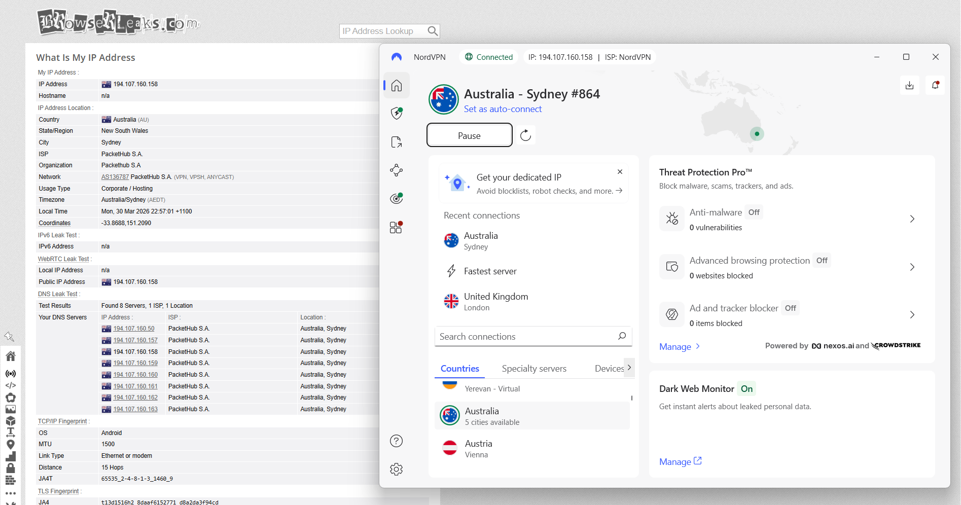 NordVPN IP, DNS, and WebRTC leak test results on Windows connected to Sydney server over WiFi showing no leaks detected