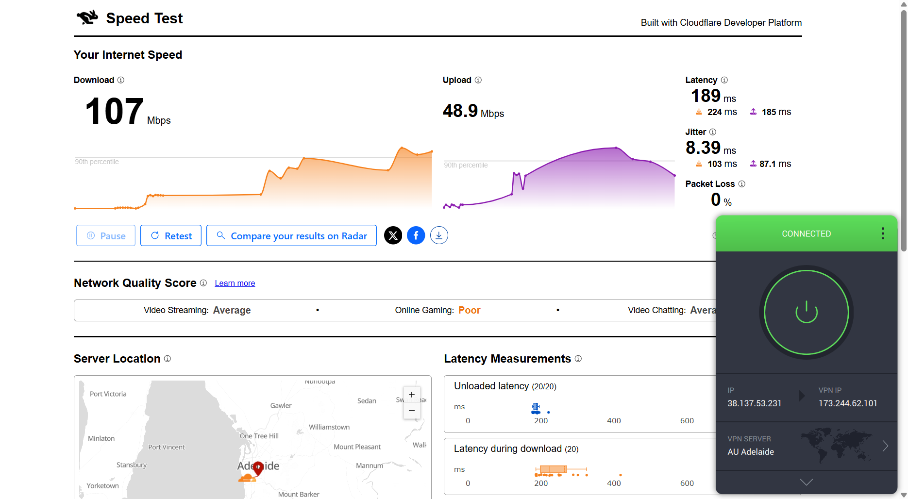 PIA VPN speed test results on Windows connected to Adelaide server over WiFi showing download, upload, latency, and jitter performance