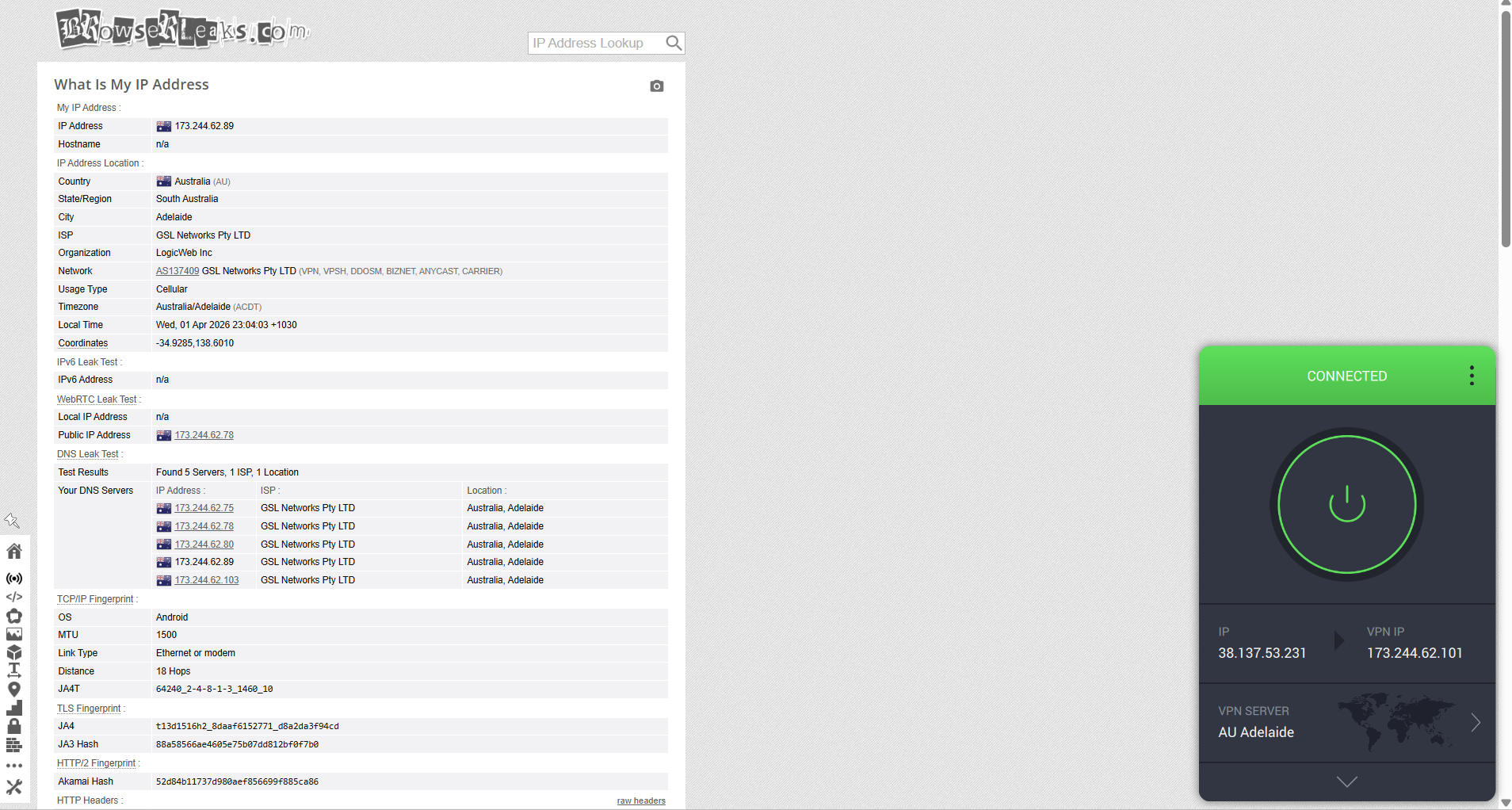 NordVPN IP, DNS, and WebRTC leak test results on Windows connected to Adelaide server over WiFi showing no leaks detected