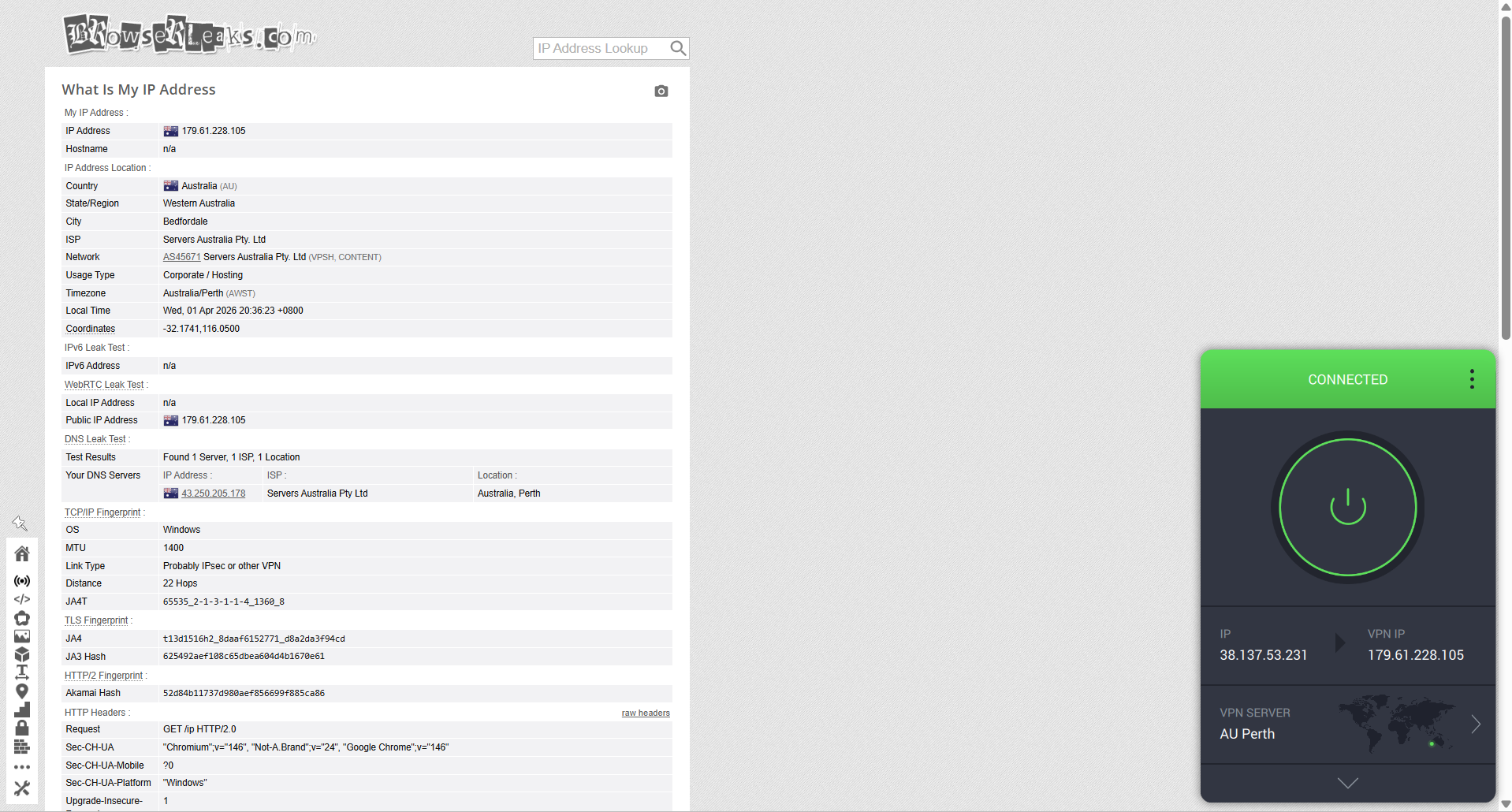 NordVPN IP, DNS, and WebRTC leak test results on Windows connected to Perth server over WiFi showing no leaks detected