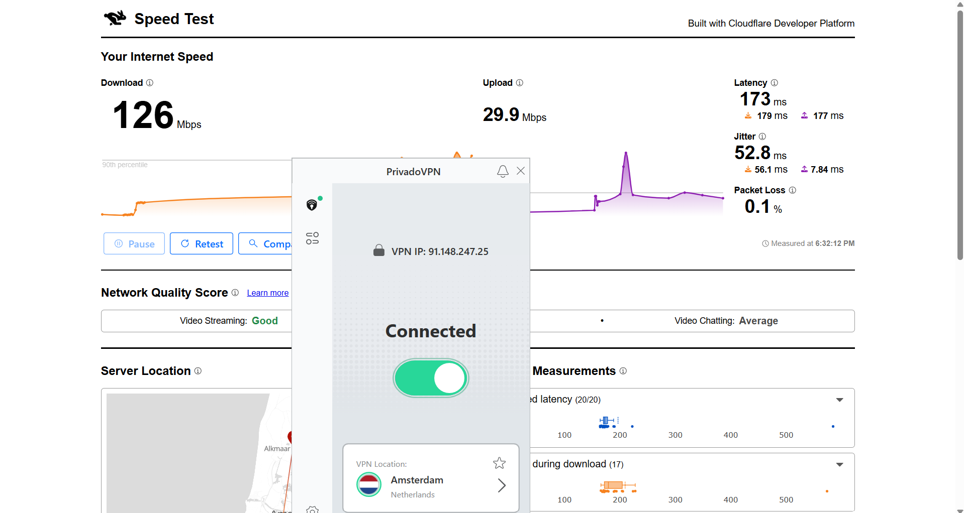 Image showing Privado VPN free version on Windows connected to a Netherlands server with a speed test interface displaying download and upload performance over Wi-Fi