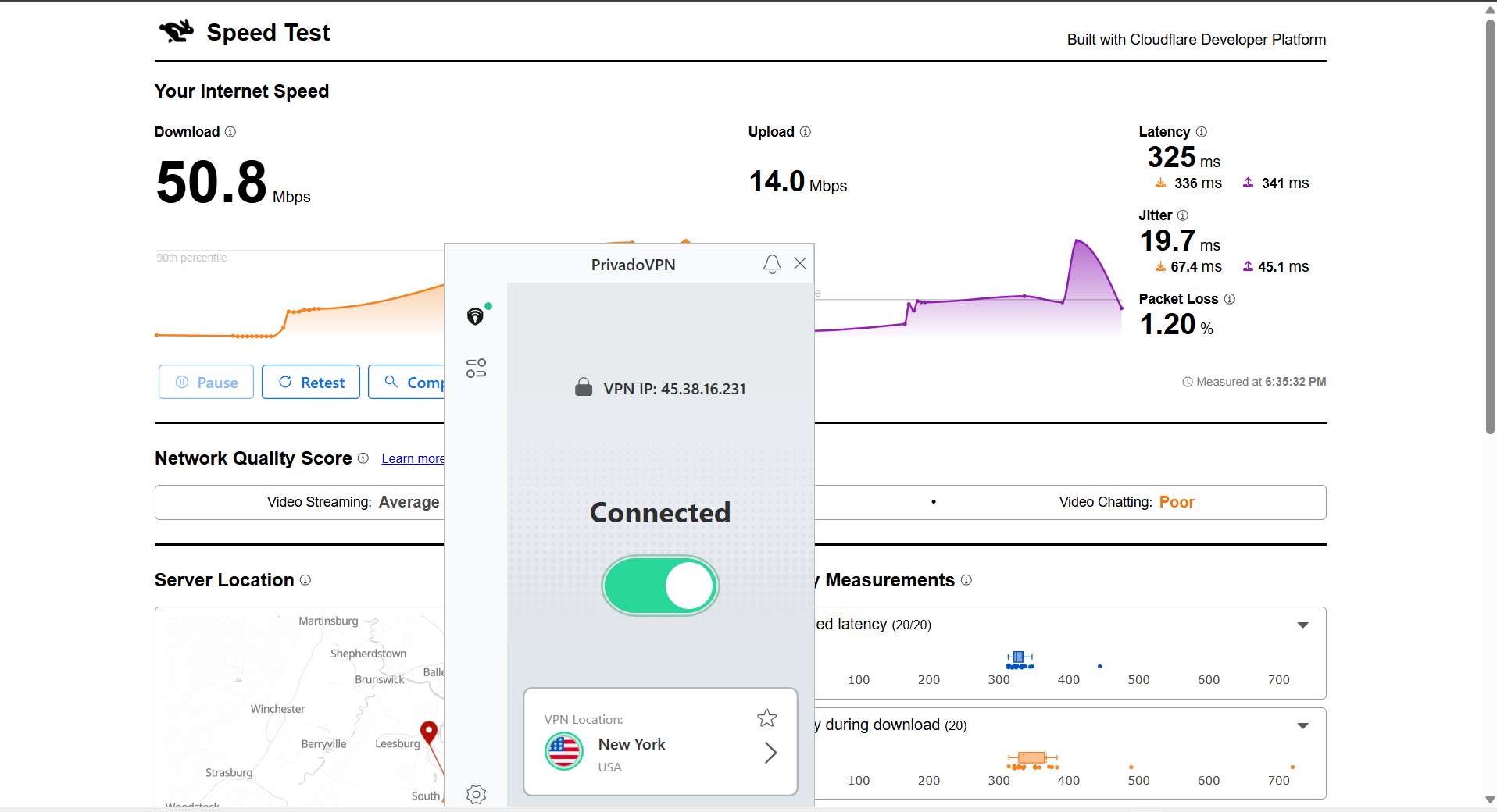 Image showing Privado VPN free version on Windows connected to a US server with a speed test interface displaying download and upload performance over Wi-Fi
