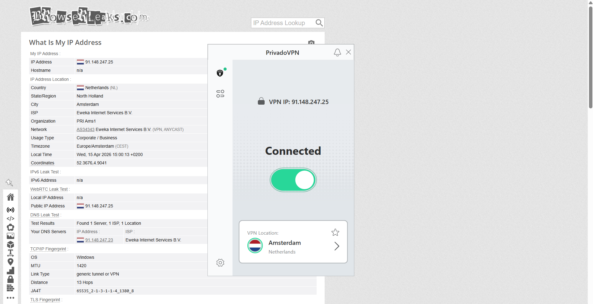 Privado VPN Free Version IP, DNS, and WebRTC leak test results on Windows connected to Netherlands server over WiFi showing no leaks detected