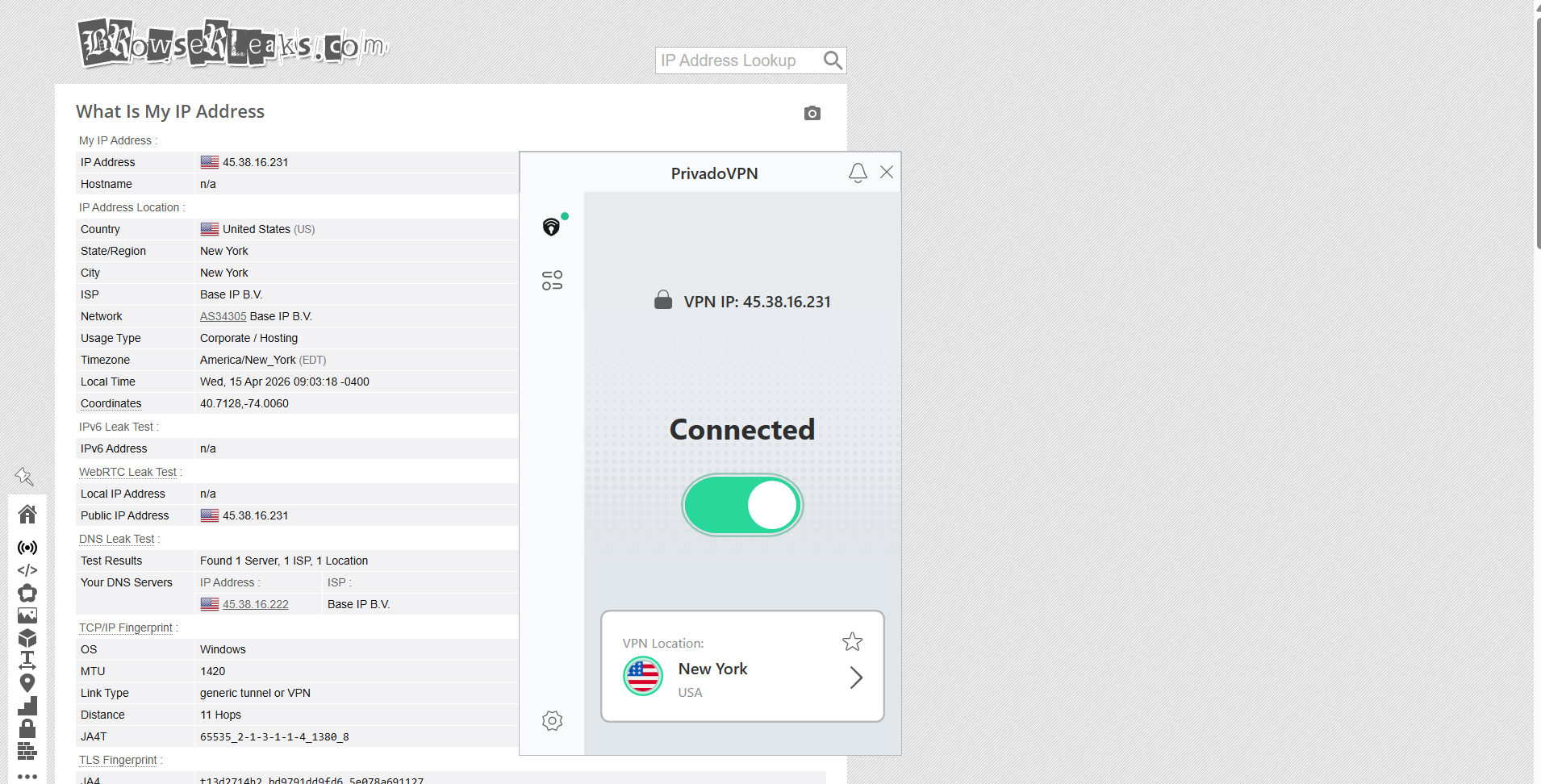 Privado VPN Free Version IP, DNS, and WebRTC leak test results on Windows connected to US server over WiFi showing no leaks detected
