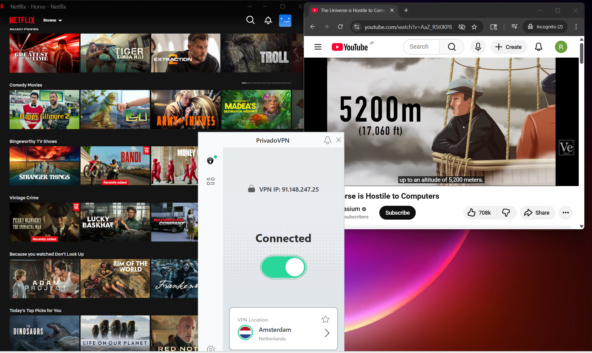 Screenshot of Privado VPN free Windows app connected to a Netherlands server, highlighting stable streaming performance for Netflix and YouTube