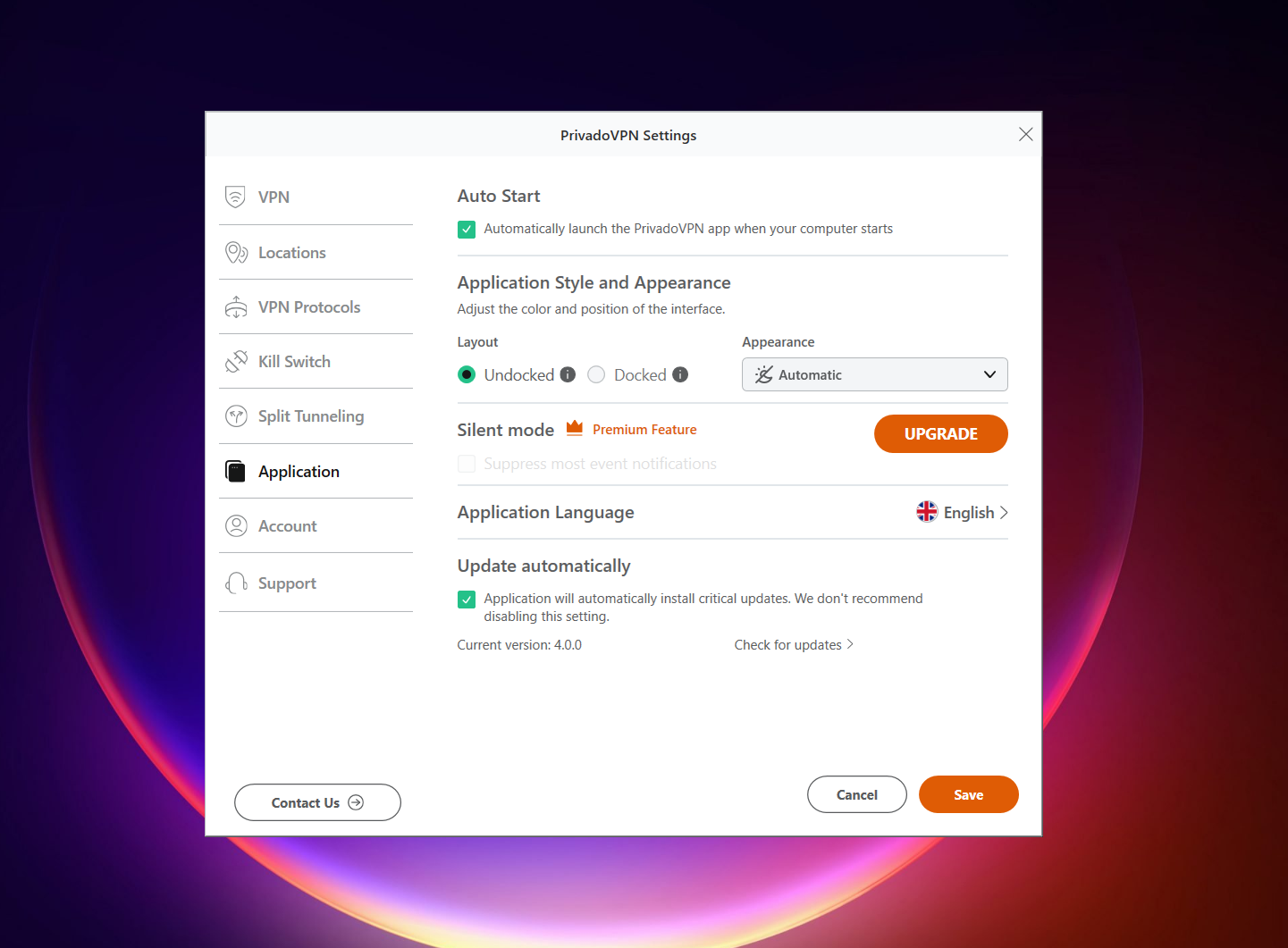Screenshot of PrivadoVPN Windows free version settings under “Application,” with options for auto‑start, style (undocked/docked), appearance, silent mode upgrade, language set to English, and automatic updates enabled, version 4.0.0