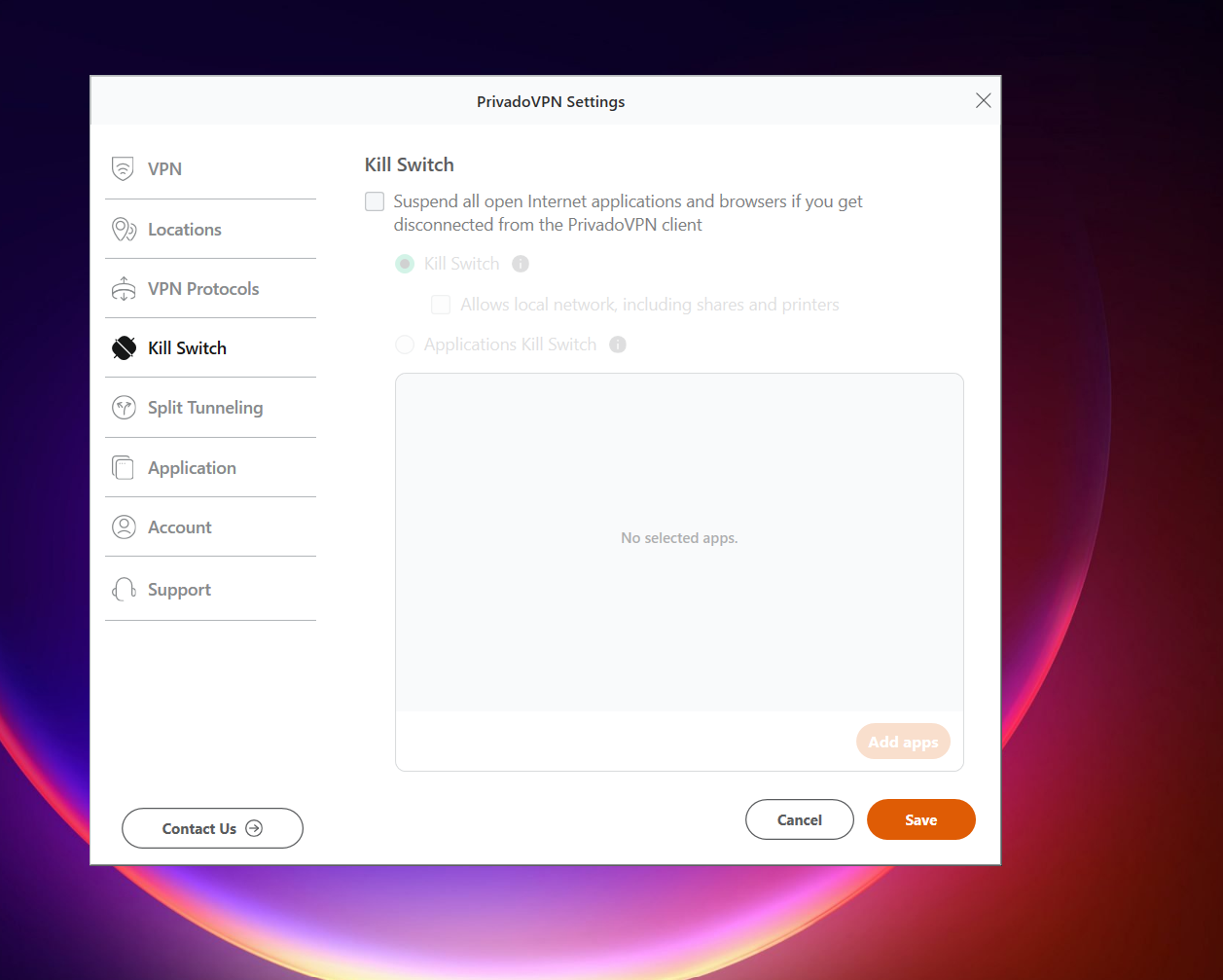 Screenshot of PrivadoVPN Windows free version settings open to “Kill Switch,” with checkboxes for enabling Kill Switch, allowing local network access, and application‑specific Kill Switch, plus empty app selection box