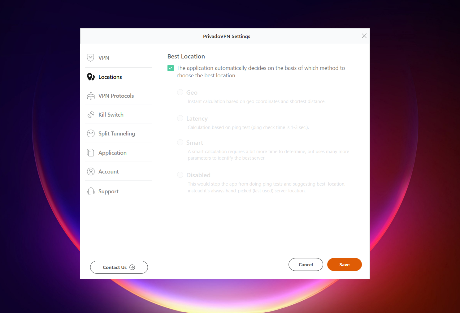 Screenshot of PrivadoVPN Windows free version settings open to “Locations,” showing best location selection methods: geo, latency, smart, or disabled, with automatic option enabled