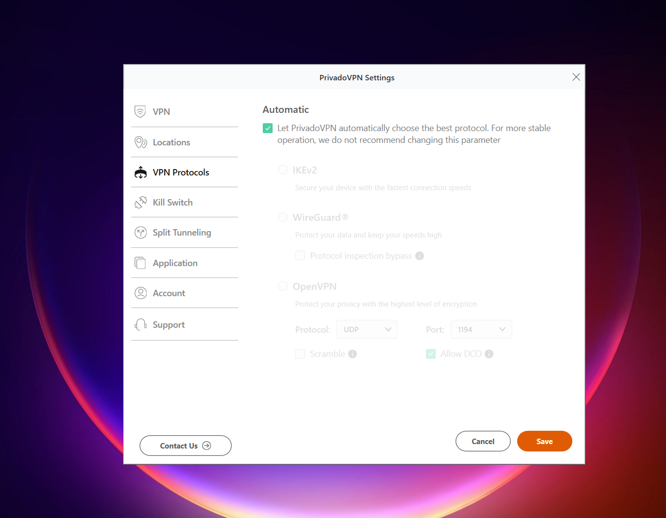 Screenshot of PrivadoVPN Windows free version settings open to “VPN Protocols,” showing automatic protocol selection enabled, with options for IKEv2, WireGuard, and OpenVPN listed but grayed out
