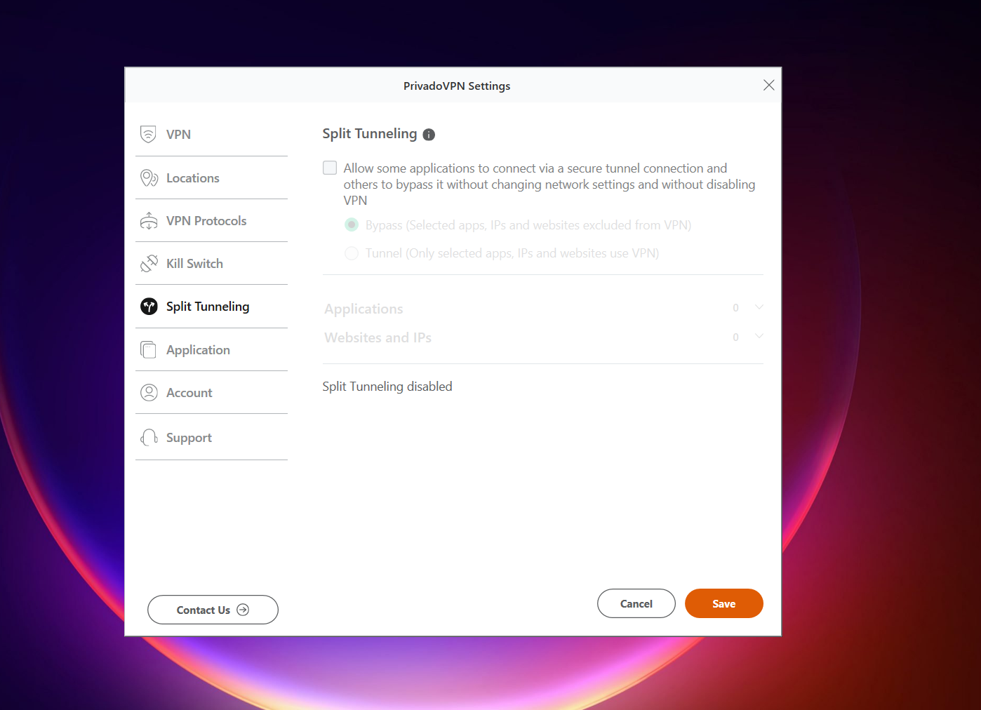 Screenshot of PrivadoVPN Windows free version settings open to “Split Tunneling,” showing bypass vs tunnel modes, application and website/IP selection, and split tunneling disabled