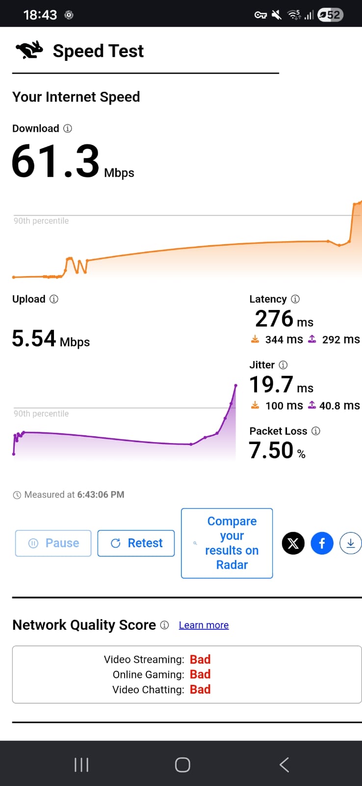 PrivadoVPN free version speed test results on Android connected to US server over WiFi showing download, upload, latency, and jitter performance (tested April 2026)