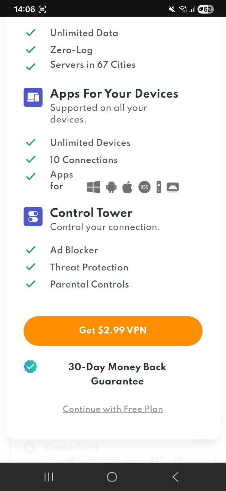 PrivadoVPN Free Android on website showing everything related to paid plans and then giving free plan option in end