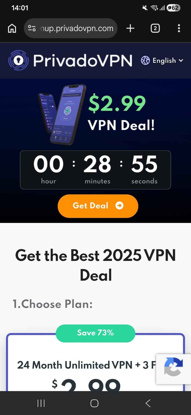 PrivadoVPN Free Android on website showing paid promotion
