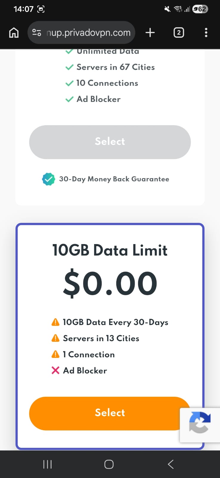 PrivadoVPN Free Android on website showing that free plan in the end of the page