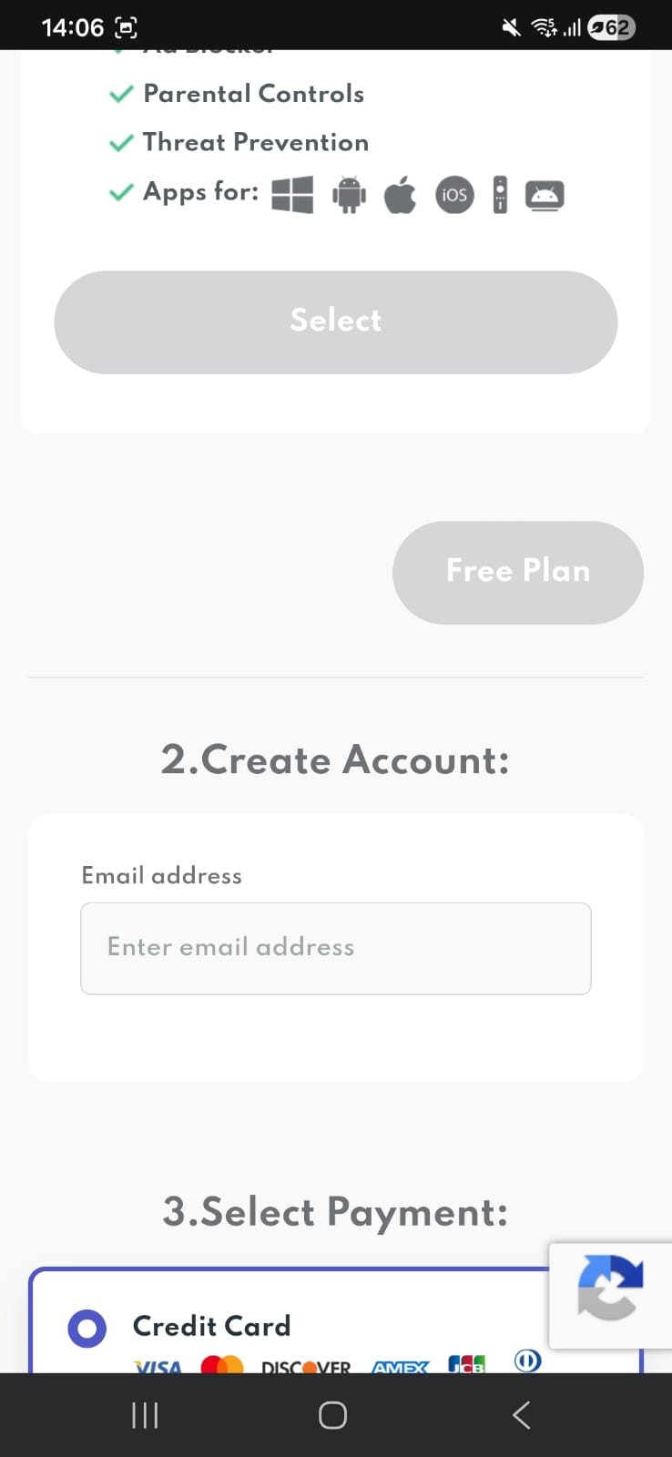 PrivadoVPN Free Android on website showing that free plan is hidden way below different plan options
