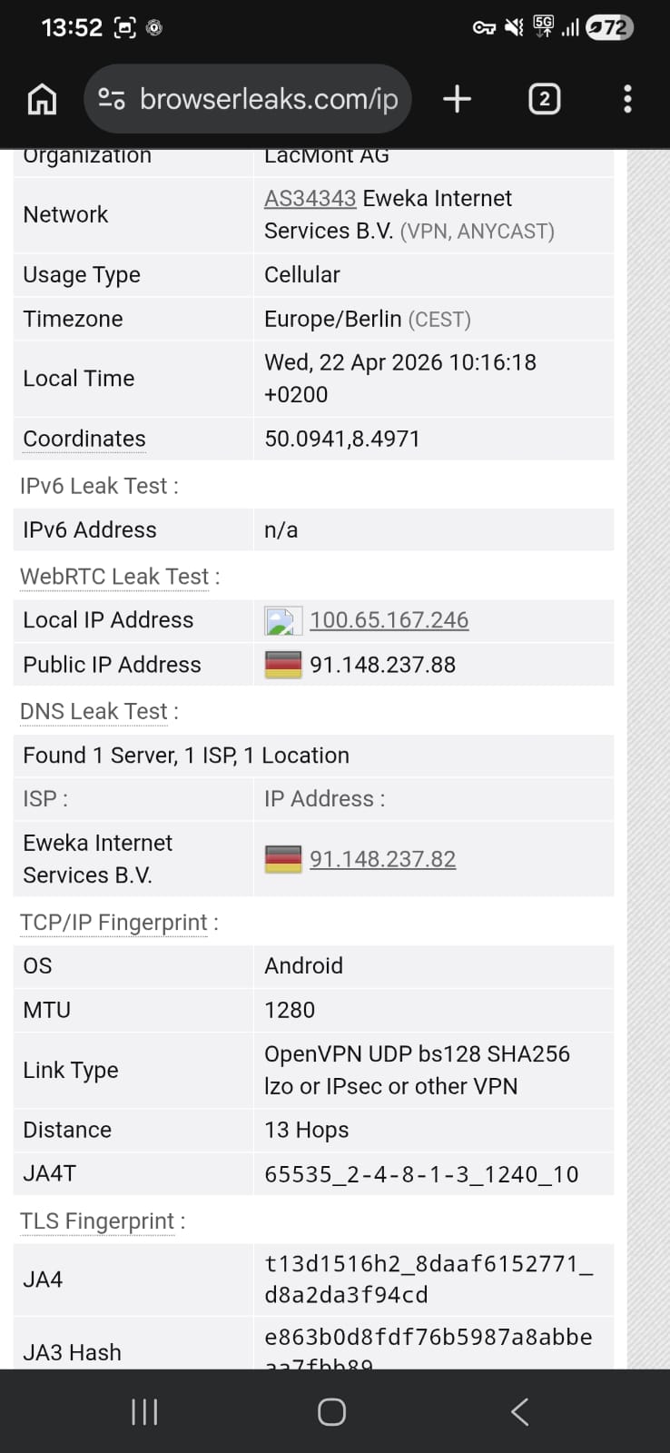 Leak test results (DNS) for PrivadoVPN Free Android using a Germany server on Wi-Fi (April 2026) - No Leak Detected