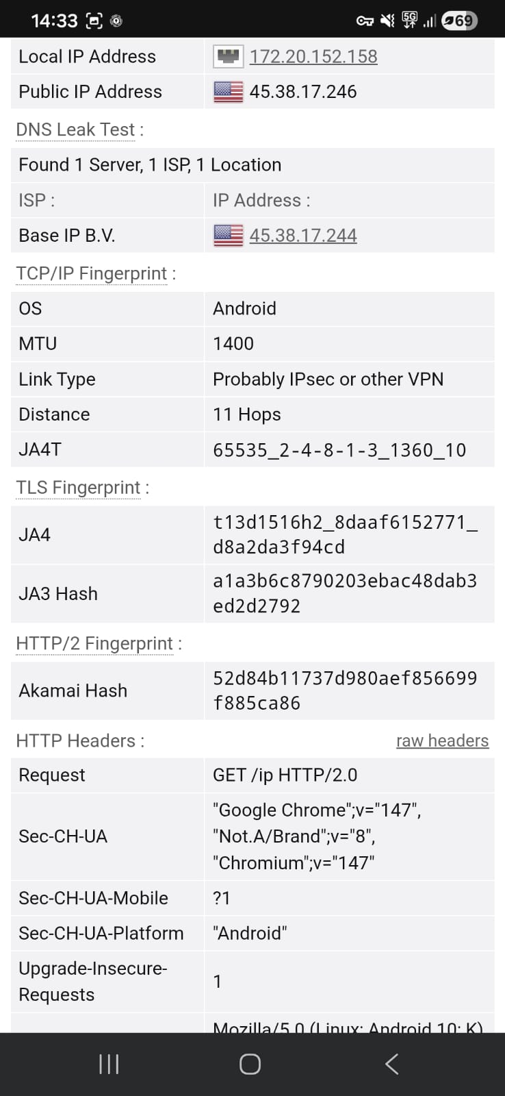 Leak test results (DNS) for PrivadoVPN Free Android using a US server on Wi-Fi (April 2026) - No Leak Detected