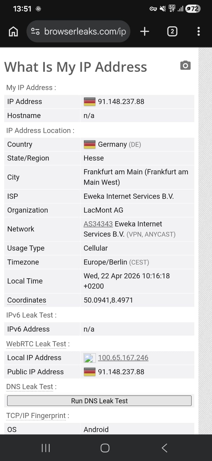 Leak test results (IP and WebRTC) for PrivadoVPN Free Android using a Germany server on Wi-Fi (April 2026) - No Leak Detected