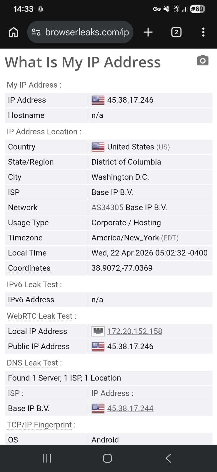 Leak test results (IP and WebRTC) for PrivadoVPN Free Android using a US server on Wi-Fi (April 2026) - No Leak Detected