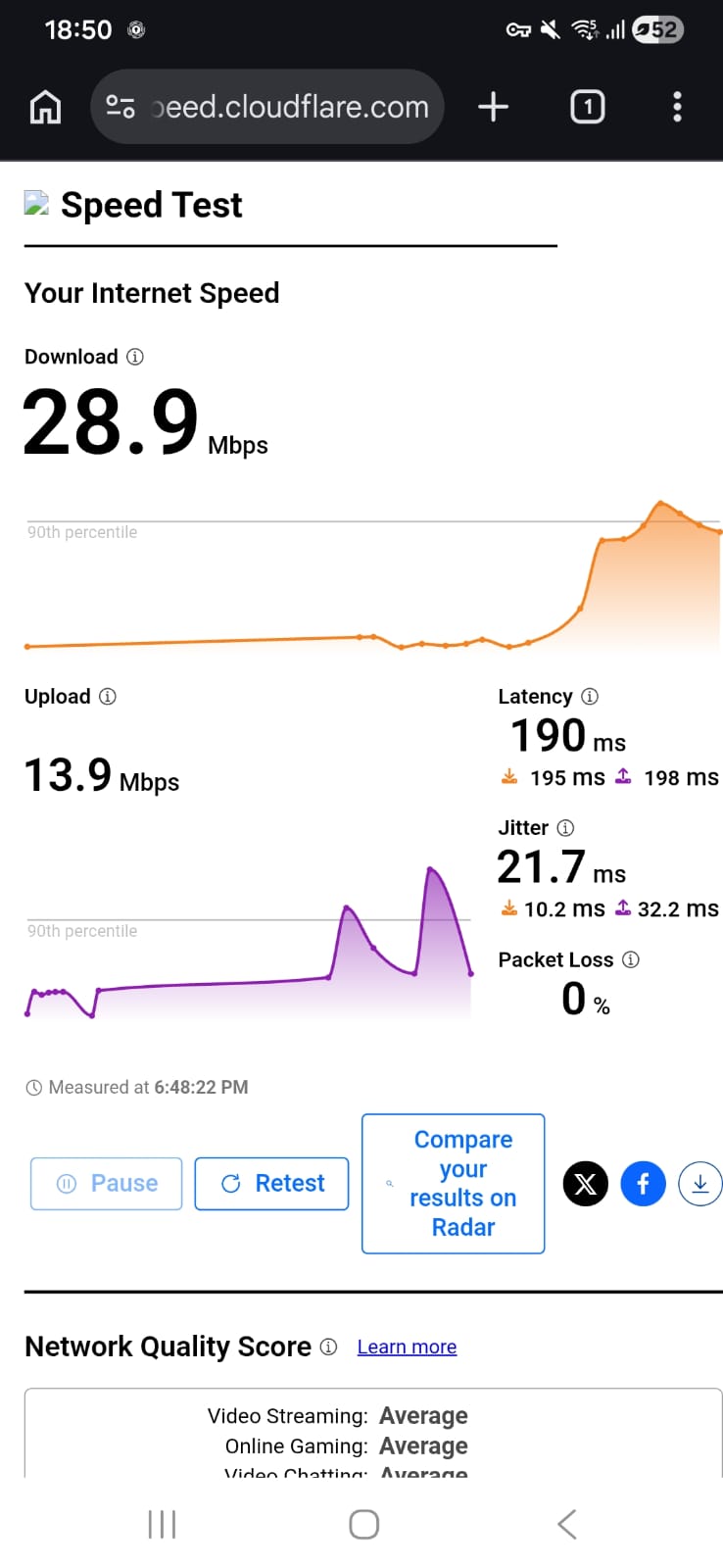 PrivadoVPN free version speed test results on Android connected to Germany server over WiFi showing download, upload, latency, and jitter performance (tested April 2026)