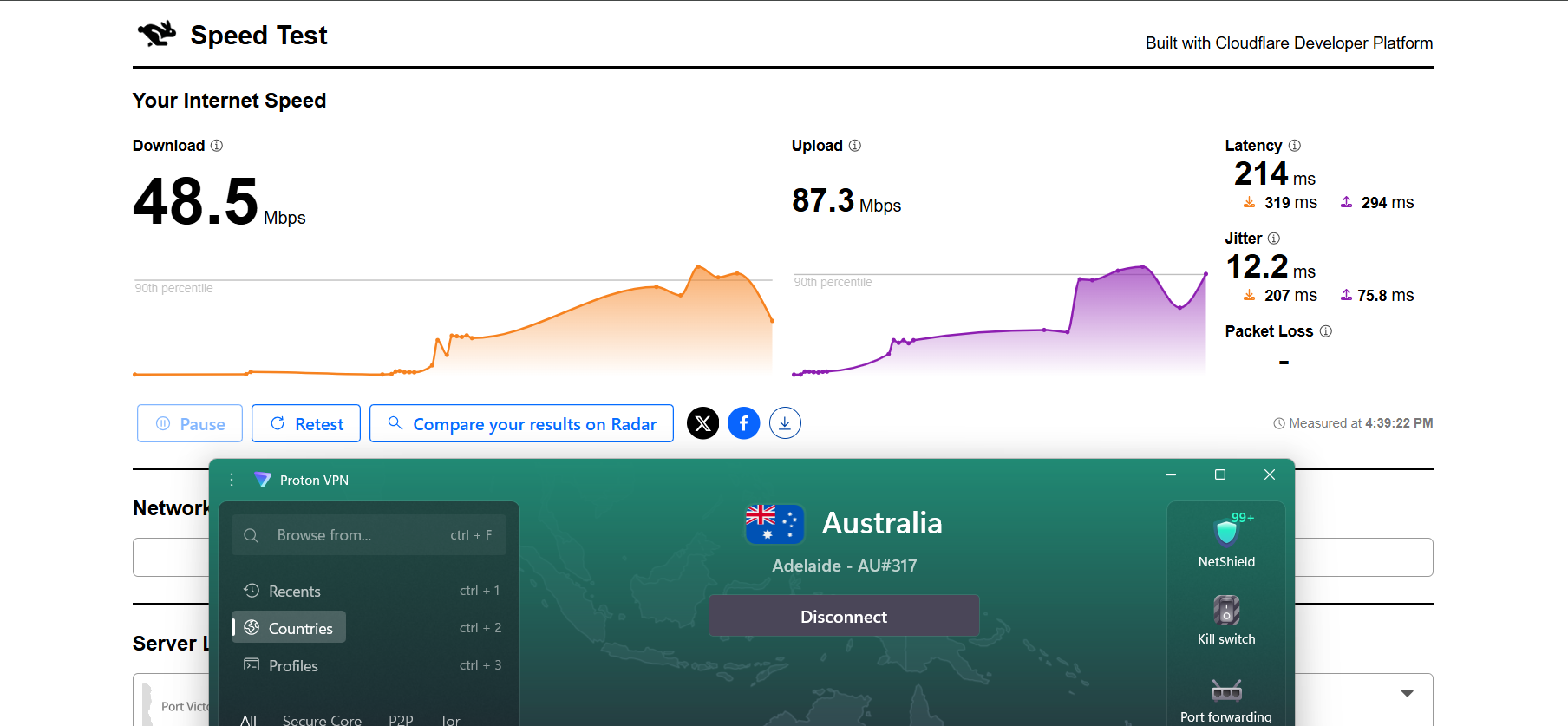 Proton VPN speed test results on Windows connected to Adelaide server over WiFi showing download, upload, latency, and jitter performance