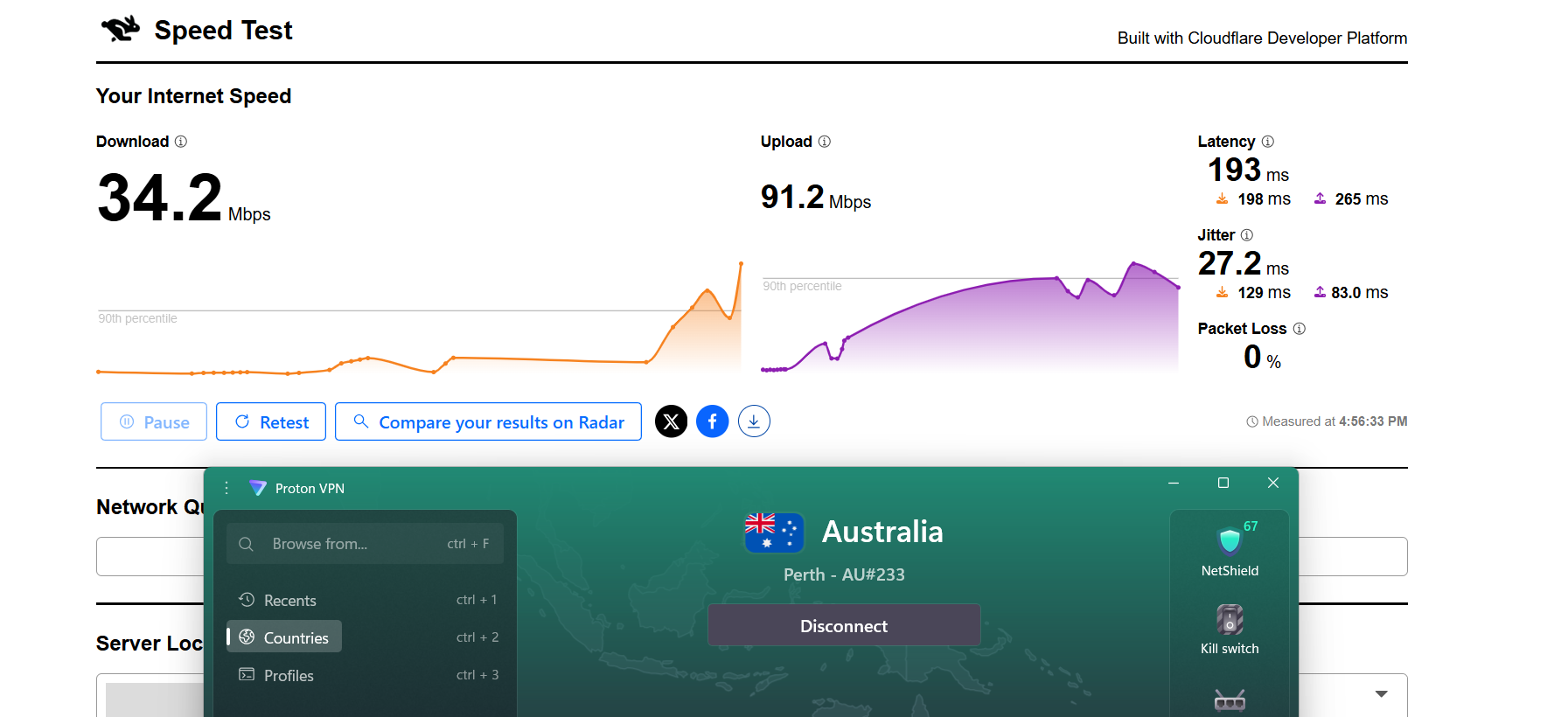 Proton VPN speed test results on Windows connected to Perth server over WiFi showing download, upload, latency, and jitter performance