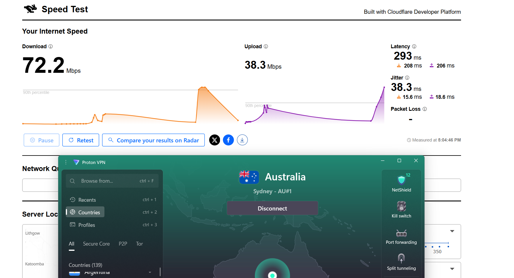 Proton VPN speed test results on Windows connected to Sydney server over WiFi showing download, upload, latency, and jitter performance