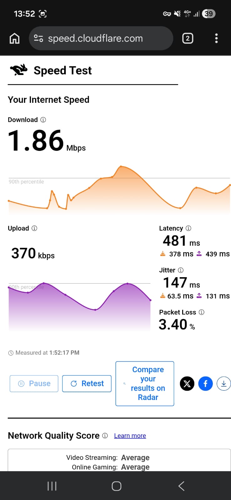 Proton VPN free version speed test results on Android connected to US server over mobile data showing download, upload, latency, and jitter performance (tested April 2026)