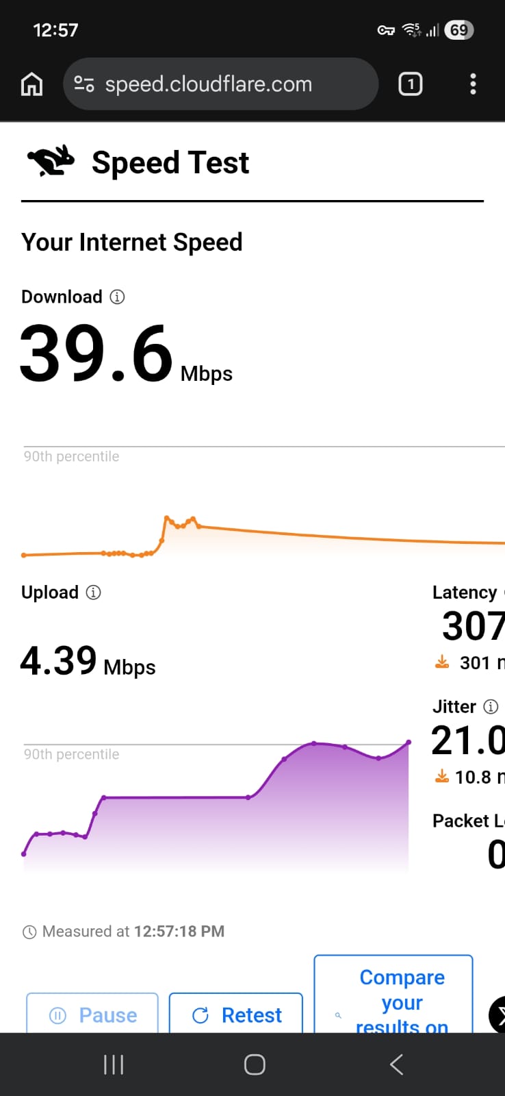 Proton VPN free version speed test results on Android connected to US server over WiFi showing download, upload, latency, and jitter performance (tested April 2026)