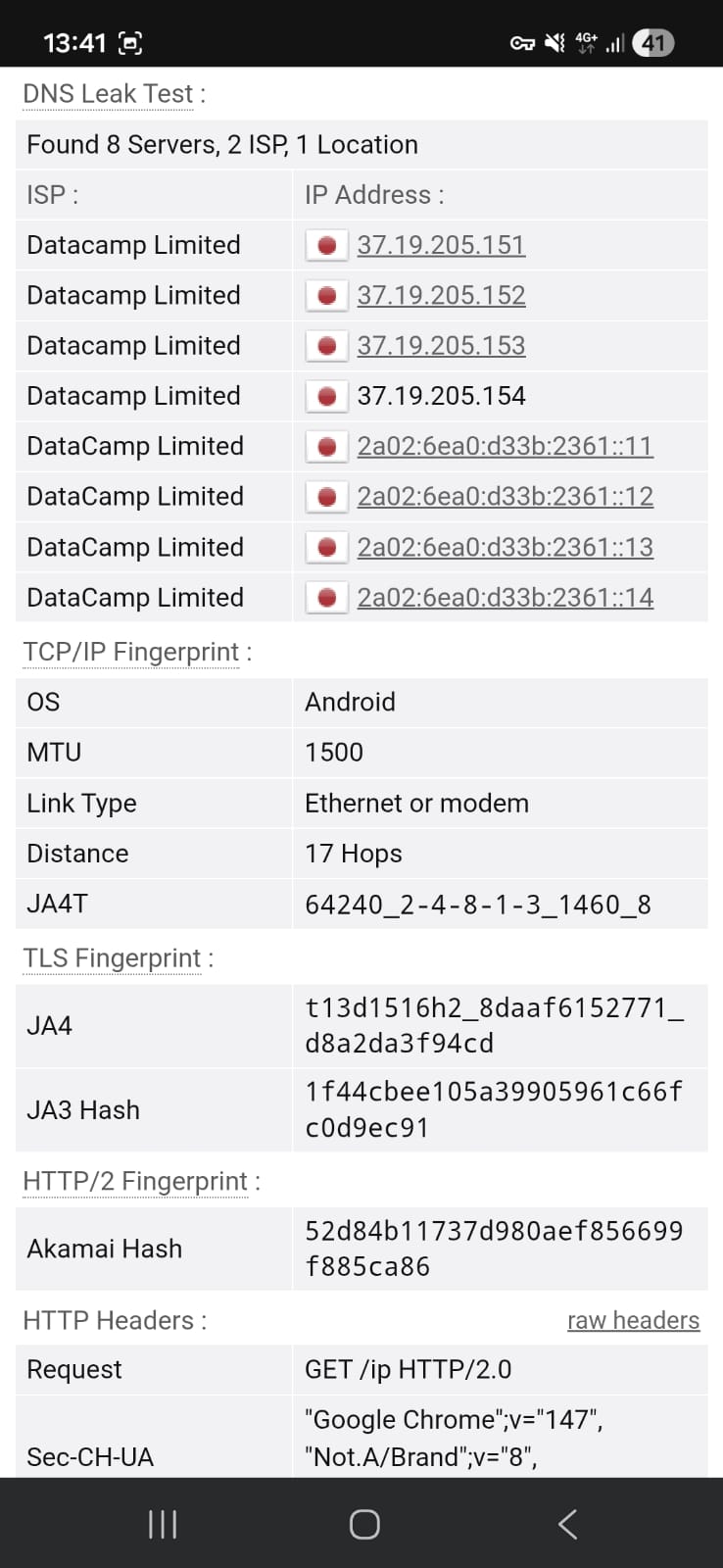 Leak test results (DNS) for Proton VPN Free Android using a Japan server on Wi-Fi (April 2026) - No Leak Detected