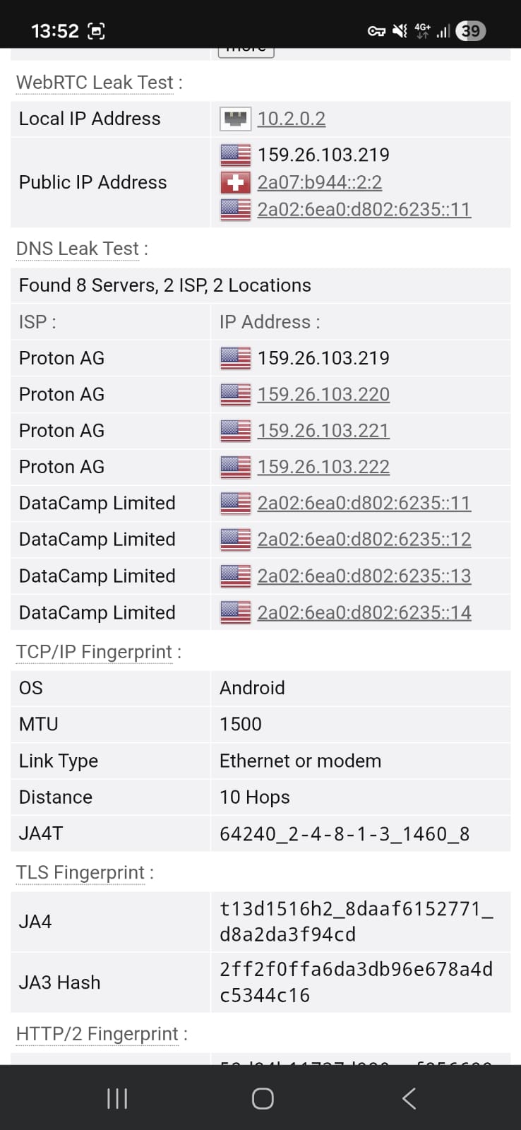 Leak test results (DNS) for Proton VPN Free Android using a US server on Wi-Fi (April 2026) - No Leak Detected
