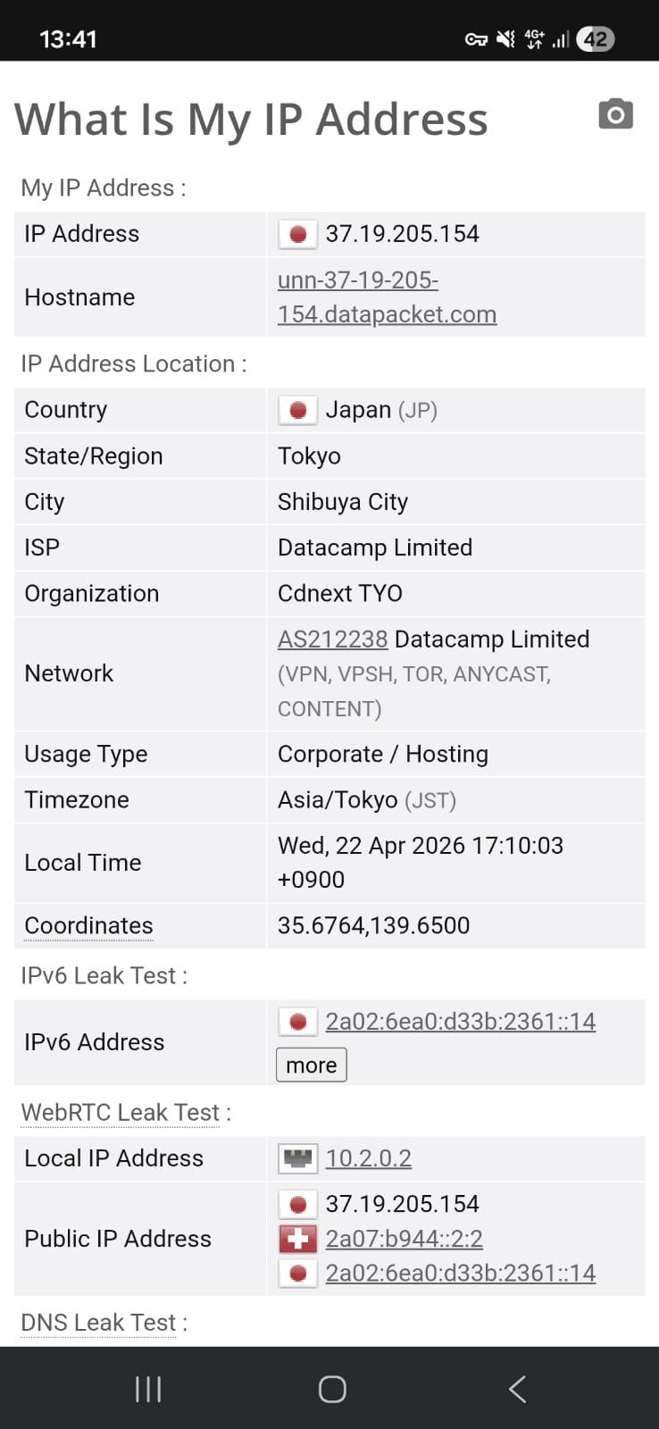Leak test results (IP and WebRTC) for Proton VPN Free Android using a Japan server on Wi-Fi (April 2026) - No Leak Detected