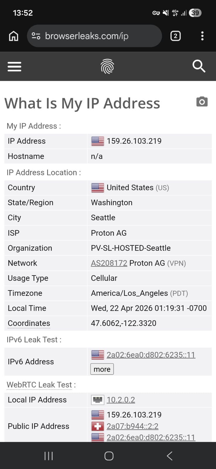 Leak test results (IP and WebRTC) for Proton VPN Free Android using a US server on Wi-Fi (April 2026) - No Leak Detected