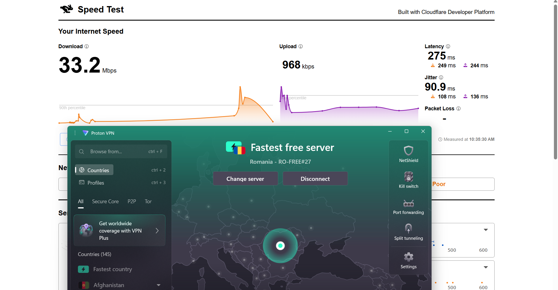  Image showing Proton VPN free version on Windows connected to a Romania server with a speed test interface displaying download and upload performance over Wi-Fi.