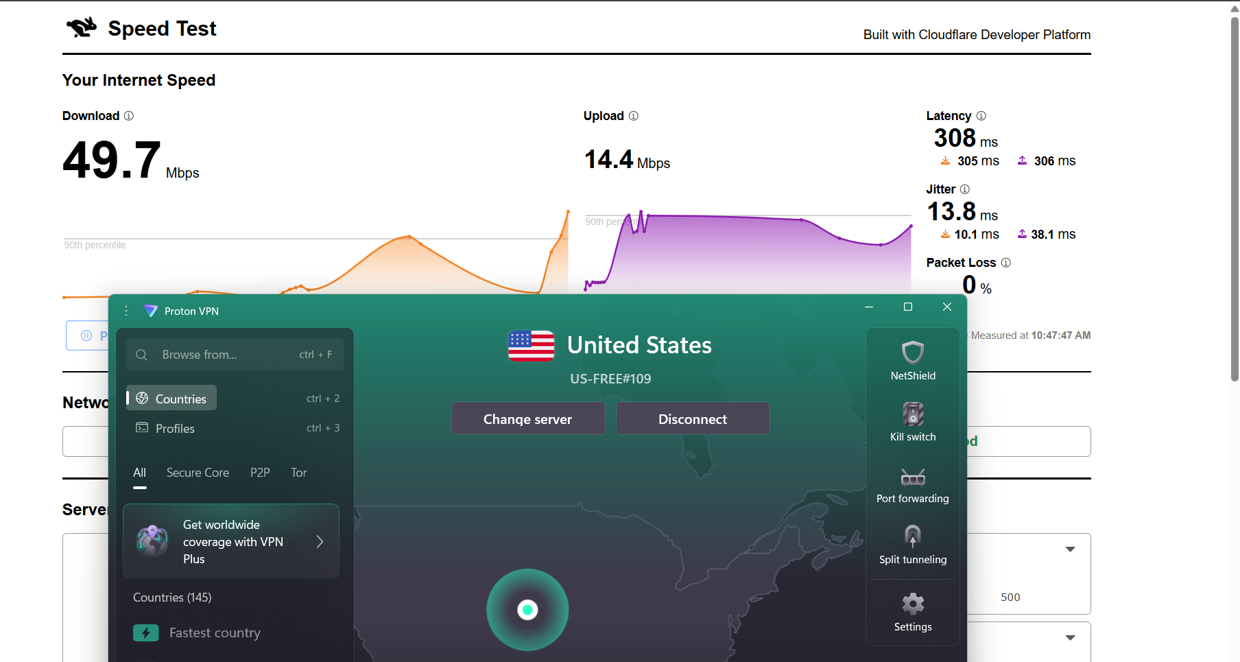 Image showing Proton VPN free version on Windows connected to a US server with a speed test interface displaying download and upload performance over Wi-Fi.