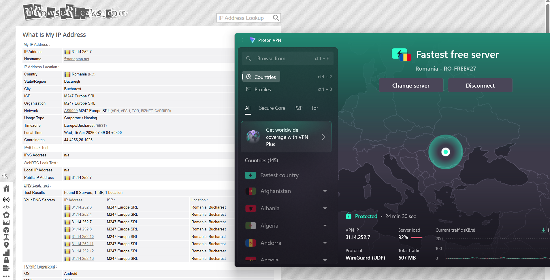 Proton VPN Free Version IP, DNS, and WebRTC leak test results on Windows connected to Romanian server over WiFi showing no leaks detected