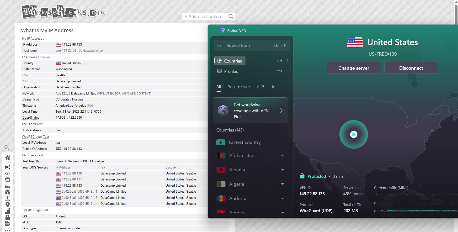 Proton VPN Free Version IP, DNS, and WebRTC leak test results on Windows connected to US server over WiFi showing no leaks detected