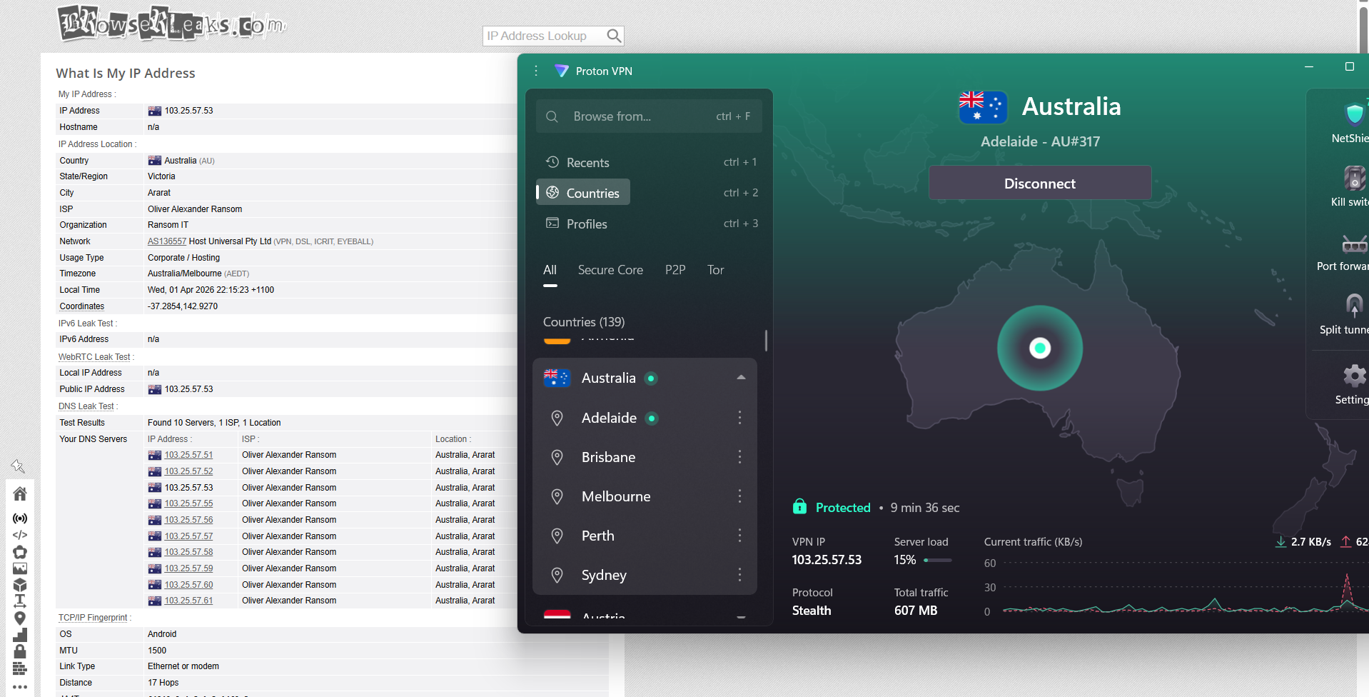 Proton VPN IP, DNS, and WebRTC leak test results on Windows connected to Perth server over WiFi showing no leaks detected