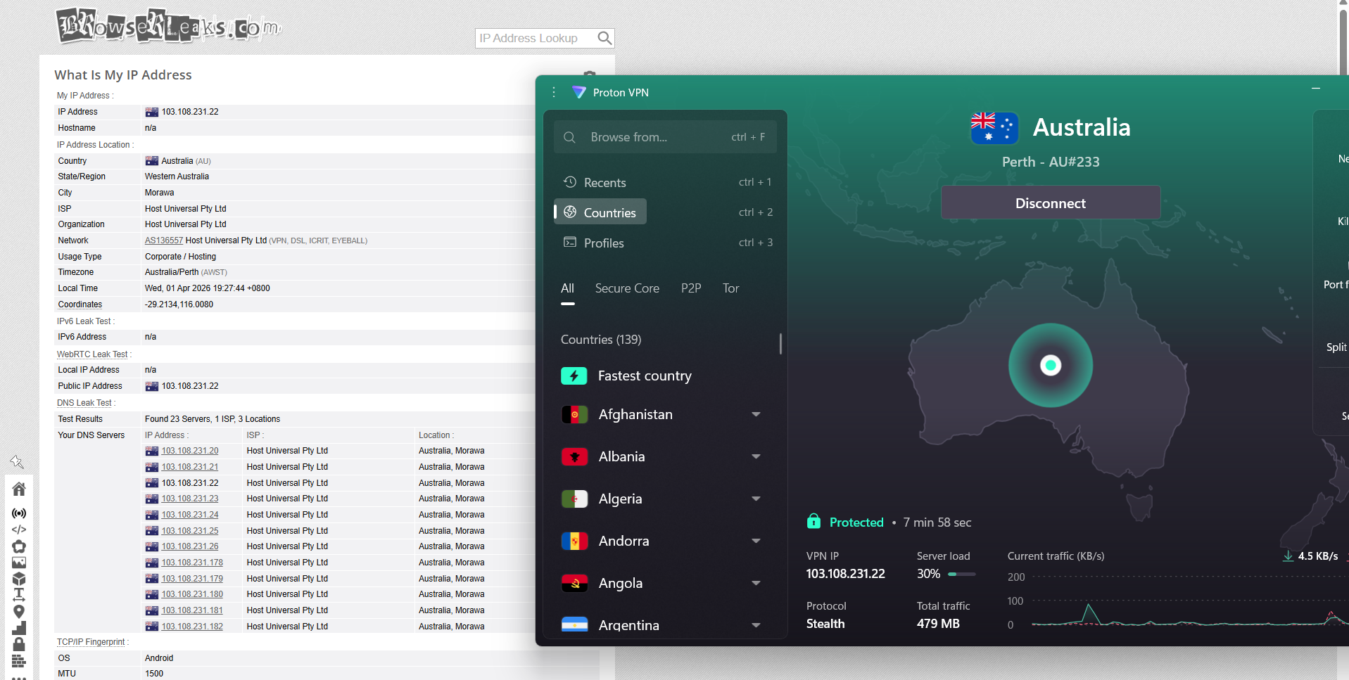 Proton VPN IP, DNS, and WebRTC leak test results on Windows connected to Adelaide server over WiFi showing no leaks detected