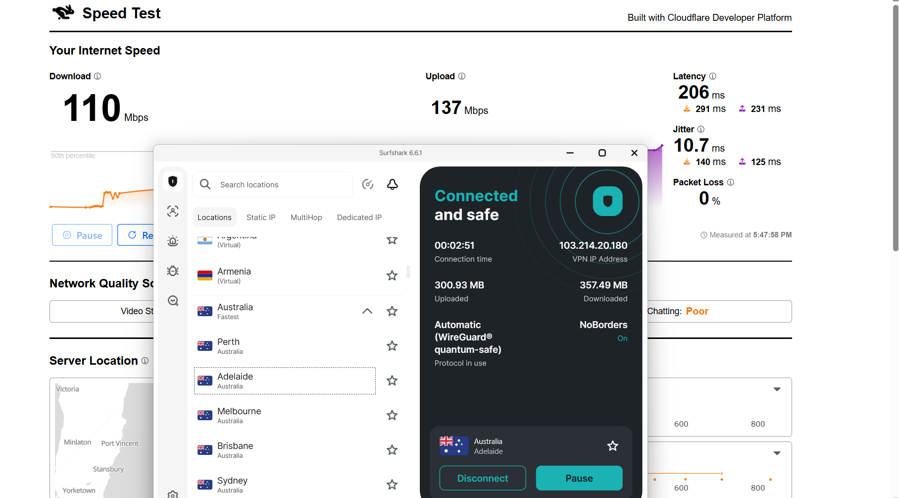 Surfshark VPN speed test results on Windows connected to Adelaide server over WiFi showing download, upload, latency, and jitter performance